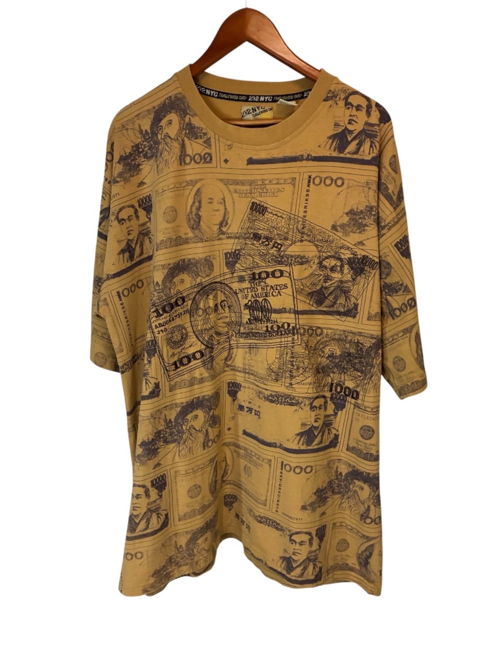 212 NewYork $1000 Money Graphic All Over Print Tee Embroidery Mustard Yellow 2XL